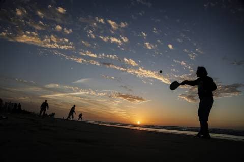 January 12, 2019 - Gaza, Palestine - Palestinians seen playing tennis at sunset on the beach at the sea of Gaza City. Gaza Palestine - ZUMAs197 20190112_zab_s197_058 Copyright: xMohamedxZarandahx