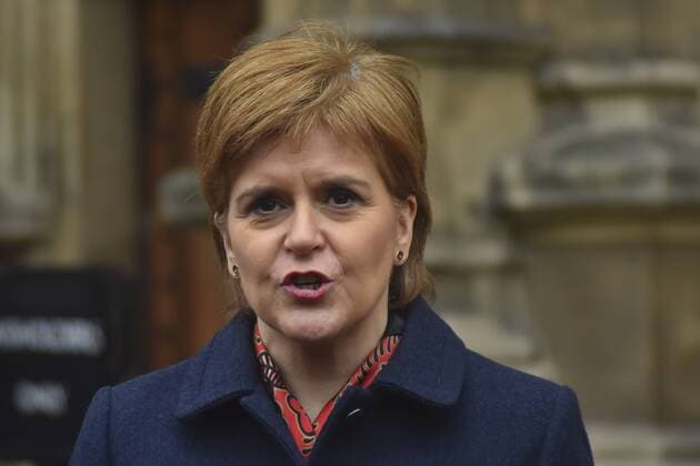 January 16, 2019 - London, England, United Kingdom - Scotland s First Minister, and Leader of the Scottish National Party (SNP), Nicola Sturgeon, speaks to members of the media outside the Houses of Parliament in central London on January 16, 2019. Prime Minister Theresa May was left crushed and humiliated , Britain s newspapers said today as they raked over the fallout from parliament s huge rejection of her EU divorce deal. London United Kingdom  - ZUMAn230 20190116_zaa_n230_079 Copyright: xAlbertoxPezzalix