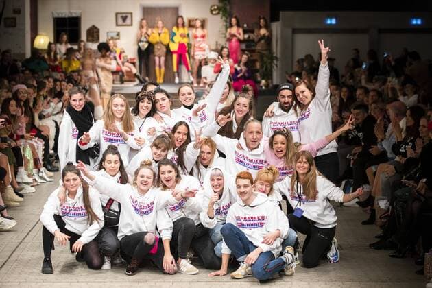 January 17, 2019 - Berlin, Germany - Fashion Designer Marina Hoermanseder (R, pink t-shirt) and crew acknowledge the applause of the guests at the end of Marina Hoermanseder Fashion Show during Fashion Week Berlin Autumn Winter 2019in Berlin on January 17, 2019. Berlin Germany  - ZUMAn230 20190117_zaa_n230_302 Copyright: xEmmanuelexContinix