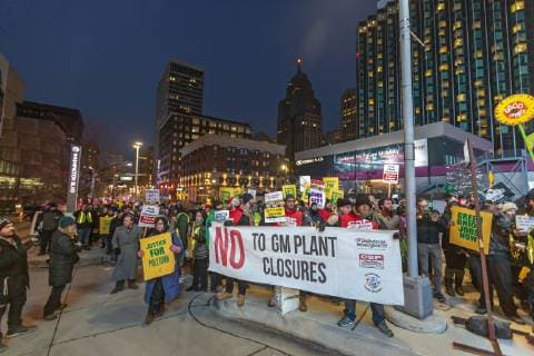 January 18, 2019 - Detroit, Michigan, U.S. - Detroit, Michigan USA - 18 January 2019 - General Motors workers and supporters rallied outside the North American International Auto Show to protest General Motors plan to close five auto plants in the United States and Canada. Detroit U.S. - ZUMAw66_ 20190118_zaf_w66_001 Copyright: xJimxWestx