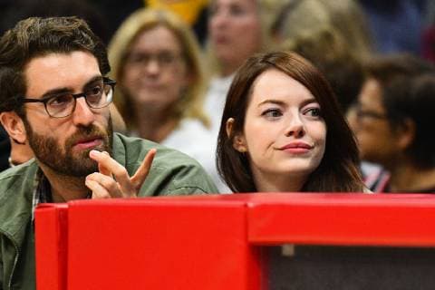 LOS ANGELES, CA - JANUARY 18: Actress Emma Stone and her boyfriend Dave McCary look on during a NBA game between the Golden State Warriors and the Los Angeles Clippers on January 18, 2019 at STAPLES Center in Los Angeles, CA. (Photo by Brian Rothmuller Icon Sportswire) 313688