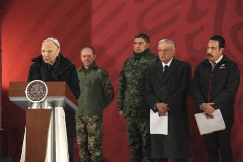January 19, 2019 - EUM20190119NAC10.JPG .CIUDAD DE MEXICO. PresidencyPresidencia-AMLO.- 19 de enero de 2019. Alejandro Gertz Manero, fiscal General de la Republica, durante la conferencia en Palacio Nacional sobre la explosion en un ducto en Tlahuelilpan. Lo acompanan Jose Ojeda, titular de la Semar; Cresencio Sandoval, secretario de Defensa; el presidente Andres Manuel Lopez Obrador y Omar Faday, gobernador de Hidalgo. Foto: Agencia EL UNIVERSALJuan Carlos ReyesEELG Copyright: xElxUniversalx