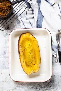 Baked spaghetti squash in gratin dish from above  SBDF03838