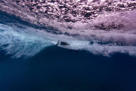 Maledives, Under water view of wave, surfer sitting on surfboard, underwater shot  KNTF02302