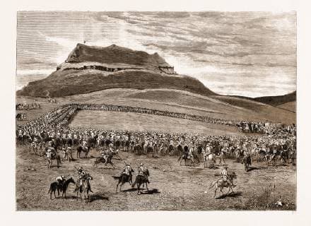 THE NEGOTIATIONS IN THE TRANSVAAL, SOUTH AFRICA, ASSEMBLY OF BOERS PREVIOUS TO THE EVACUATION OF LAING S NEK, MARCH 24, 1881: A. General Joubert s Tent. B. Way by which the Boers Ascended to Attack the British, Feb. 27. C. Majuba Hill.  Copyright: LC_140730_0396