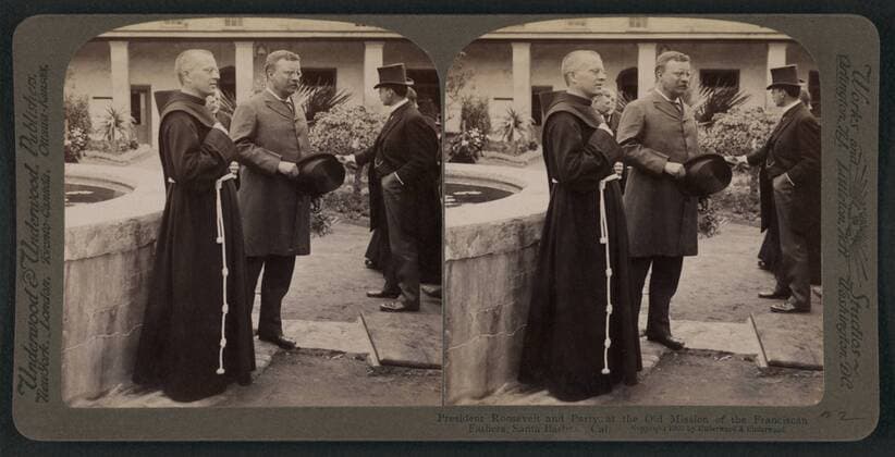 Theodore Roosevelt and party at the Old Mission of the Franciscan Fathers, Santa Barbara, California  Copyright: QL_150211_0219