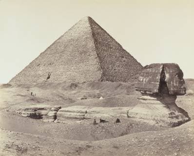 The Great Pyramid and the Sphinx, Francis Frith, English, 1822 - 1898, 1858, Albumen silver print, Sheet: 39.5 x 49.1 cm (15 9 16 x 19 5 16 in.), Mount: 56 x 76 cm (22 1 16 x 29 15 16 in.)  Copyright: QL_D_140410_1504