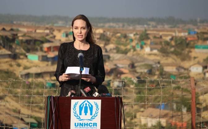 February 5, 2019 - Cox S Bazar, Bangladesh - US actress, filmmaker and humanitarian Angelina Jolie, a special envoy for the United Nations High Commissioner for Refugees (UNHCR), addresses a press conference after her visit to the Kutupalong camp for Rohingya refugees in Ukhia in southern Bangladesh on February 5, 2019. - Hollywood superstar Angelina Jolie visited a Rohingya refugee camp in Bangladesh on February 5 ahead of a new UN appeal for nearly one billion dollars to look after the refugee influx. Cox S Bazar Bangladesh  - ZUMAn230 20190205_zaa_n230_129 Copyright: xSonyxRamanyx