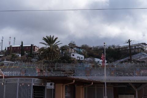 February 6, 2019 - Nogales, United States - Concertina wire, recently added by U.S. Army troops, is seen covering the U.S.-Mexico border wall in Nogales, Arizona on February 6, 2019. Troops began adding additional rows of wire to downtown Nogales this past Saturday and have continued to add more rows this week in and around Nogales while local officials are asking for the wire to be removed. Nogales United States  - ZUMAn230 20190206_zaa_n230_815 Copyright: xMaxxHermanx