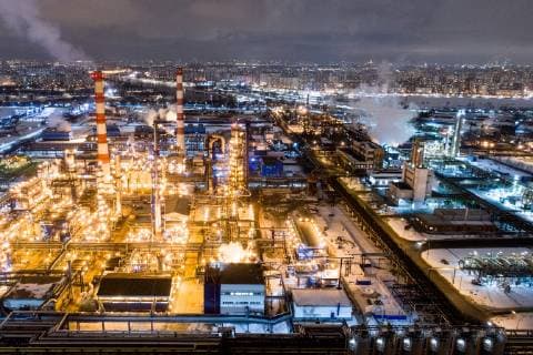 MOSCOW, RUSSIA â€“ FEBRUARY 7, 2019: A night view of the Gazprom Neft Moscow oil refinery in Kapotnya. Sergei Bobylev TASS  TS0A05AD