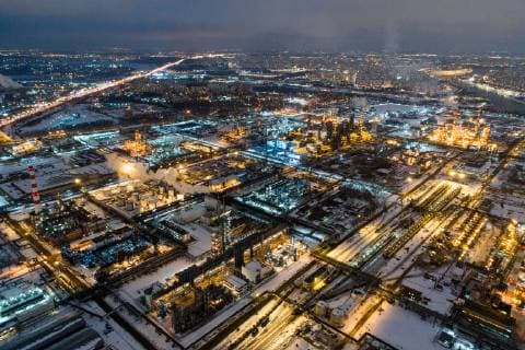 MOSCOW, RUSSIA â€“ FEBRUARY 7, 2019: A night view of the Gazprom Neft Moscow oil refinery in Kapotnya. Sergei Bobylev TASS  TS0A05B8