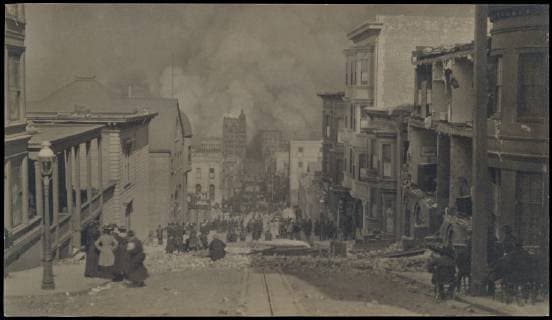 After the Earthquake, San Francisco, 1906, Gelatin silver print, 13.3 x 23.5 cm (5 1 4 x 9 1 4 in.), Photographs, Arnold Genthe (American (born Germany), Berlin 1869–1942 New Milford, Connecticut), Early on the morning of April 18, 1906, a severe earthquake rocked San Francisco, immediately prompting a devastating three-day fire. Genthe, a pictorialist photographer who operated a portrait studio on Sutton Street, captured the panic and confusion that pervaded the city and presaged the vast damage yet to come: by the end of the third day, more than four square miles of San Francisco had been leveled  Copyright: Artokoloro AM170720_099668