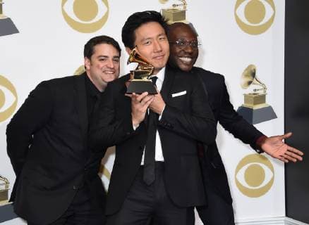 (L-R) Jason Cole, Hiro Murai and Ibra Ake appear backstage with their award for Best Music Video for This Is America , during the 61st annual Grammy Awards held at Staples Center in Los Angeles on February 10, 2019.  LAP20190210151 GREGGxDEGUIRE
