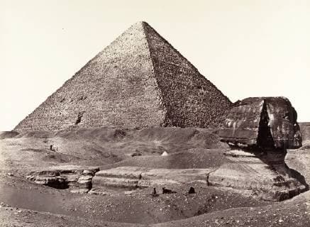 The Great Pyramid and The Great Sphinx, 1858, Albumen silver print from glass negative, Image: 38.7 x 49.3 cm (15 1 4 x 19 7 16 in.), Photographs, Francis Frith (British, Chesterfield, Derbyshire 1822–1898 Cannes, France), In 1856 Frith set out on the first of three trips to the Middle East, launching a highly successful career as a photographer and publisher of foreign topographic views. It is miraculous that he succeeded in making monumental and theatrical views such as this one, for the relatively new glass negatives required him to transport his enormous camera, sheets of glass, and bottles of chemicals through the desert and to coat, expose, and develop his plates before the collodion emulsion dried  Copyright: Artokoloro AM170720_035443
