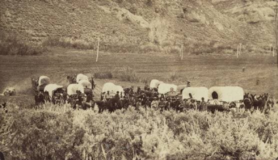 Mormon Emigrant Train, Echo Canyon, ca. 1870, Albumen silver print from glass negative, Image: 6.1 × 10.3 cm (2 3 8 × 4 1 16 in.), Photographs, Charles William Carter (American, born Britain, 1832–1918), Born in London, Charles Carter learned photography as a soldier in the British Army. In 1859 he moved to Salt Lake City in the Territory of Utah and soon joined the studio of his countryman and fellow Mormon Charles Roscoe Savage  Copyright: Artokoloro AM170720_053618