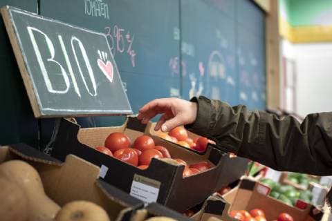 Symbolbild zum Thema Bio Lebensmittel: Ein Mann greift nach Bio-Tomaten in einer Gemuesauslage im Supermarkt. Berlin, 12.02.2019. Berlin Deutschland *** A man reaches for organic tomatoes in a vegetable display in a supermarket Berlin 12 02 2019 Berlin Germany Copyright: xJaninexSchmitz photothek.netx