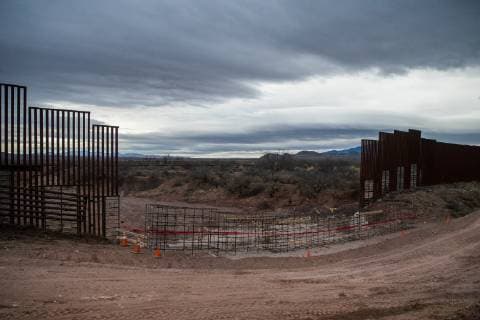 A section of the border fence in Naco, Arizona being replaced with modern barriers on February 14, 2019. US President Donald Trump has declared a National Emergency on Friday in order to help build the border wall along significant portions of the United States border with Mexico.  NAC2019021405 ARIANAxDREHSLER