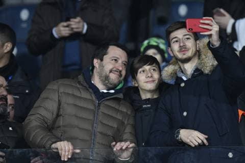 Foto IPP Paolo Bona Bergamo 16 02 2019 Campionato di Calcio Serie A 2018 2019 Atalanta- Milan nella foto il ministro dell interno matteo salvini - tifoso milanista - scatta selfie con i tifosi in tribuna Italy Photo Press Worldwide Copyright  0