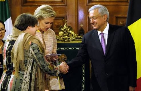 Brussels region State Secretary Cecile Jodogne, Princess Astrid of Belgium and President of Mexico, Andres Manuel Lopez Obrador pictured during on the second day of a Belgian economic mission to Mexico, Monday 18 February 2019. Several federal and regional ministers accompany the princess on an economic mission to Mexico from 17 to 24 February.  ERICxLALMAND 05533375