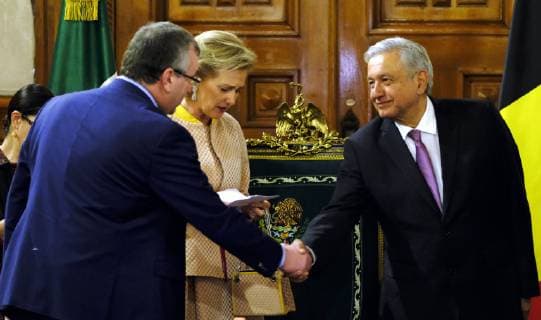 MR s Pierre-Yves Jeholet, Princess Astrid of Belgium and President of Mexico Andres Manuel Lopez Obrador pictured during on the second day of a Belgian economic mission to Mexico, Monday 18 February 2019. Several federal and regional ministers accompany the princess on an economic mission to Mexico from 17 to 24 February.  ERICxLALMAND 05533366