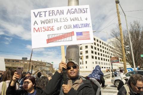 February 18, 2019 - Atlanta, GA, U.S - One hundred demonstrators gathered at the Atlanta field office of U.S. Immigration and Customs Enforcement to protest againt President Trump s declaration of a national emergency in order to fund a wall along the U.S. Mexico border. The protest was part of a nationwide series of protests organized by MoveOn.org, and was locally supported by organizations such as the Georgia Alliance for Social Justice, the ACLU, and Project South. Atlanta U.S. - ZUMAe86_ 20190218_zap_e86_013 Copyright: xStevexEberhardtx