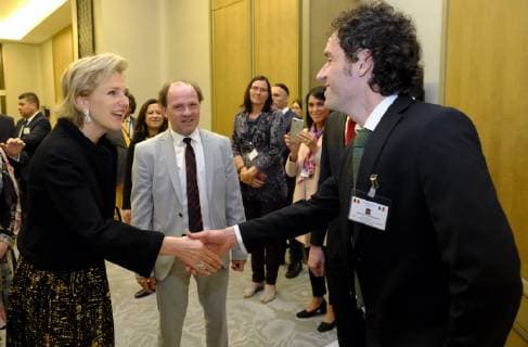 Princess Astrid of Belgium greets Gert Van Causenbroeck of VLAM during a Promotion Event called Belgian Pears in Mexico, on the second day of a Belgian economic mission to Mexico, Monday 18 February 2019. Several federal and regional ministers accompany the princess on an economic mission to Mexico from 17 to 24 February.  ERICxLALMAND 05533600