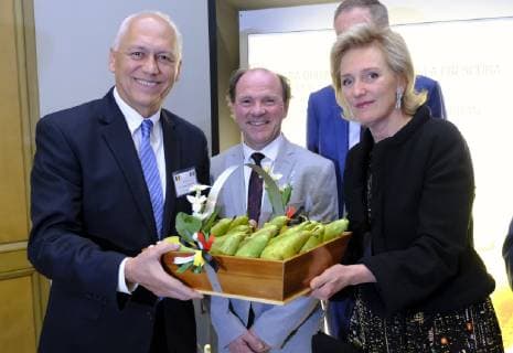 Javier Trujillo Arriaga of Senasica, Flemish Minister of Employment, Economy, Innovation, Science Policy and Sports Philippe Muyters and Princess Astrid of Belgium pose with a basket filled with pears during a Promotion Event called Belgian Pears in Mexico, on the second day of a Belgian economic mission to Mexico, Monday 18 February 2019. Several federal and regional ministers accompany the princess on an economic mission to Mexico from 17 to 24 February.  ERICxLALMAND 05533586
