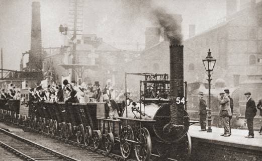 IMAGO History, Die Geburt des Eisenbahnverkehrs: 1802-1830 George Stephenson s railway engine making the journey from Stockton to Darlington in 1925 to mark its hundred years anniversary of the first journey in 1825. From These Tremendous Years, published 1938. DesignxPicsx xKenxWelsh 902_05_12539753HighRes