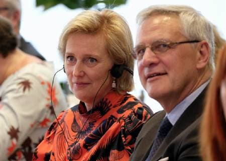 Princess Astrid of Belgium and Vice-Prime Minister and Minister of Employment, Economy, Consumer Affairs and equal chances Kris Peeters pictured during the opening of new offices of pharma company UCB, on the third day of a Belgian economic mission to Mexico, Tuesday 19 February 2019. Several federal and regional ministers accompany the princess on an economic mission to Mexico from 17 to 24 February.  ERICxLALMAND 05534002