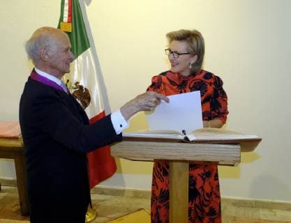 Jose Caral, President of the club de indutriales and Princess Astrid of Belgium pictured during a lunch on the third day of a Belgian economic mission to Mexico, Tuesday 19 February 2019. Several federal and regional ministers accompany the princess on an economic mission to Mexico from 17 to 24 February.  ERICxLALMAND 05534019