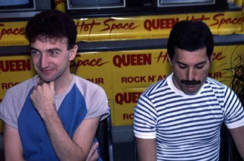 John Deacon and Freddie Mercury of Queen attend Queen Press Conference for Hot Space at Crazy Eddie s on July 27, 1982 in New York City. Copyright: xx