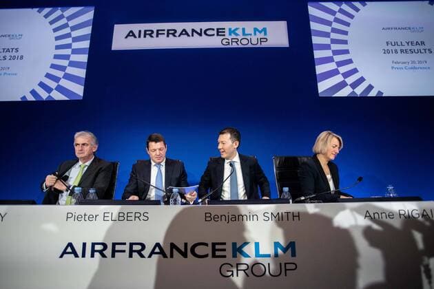Air France-KLM Chief Executive Officer Benjamin Smith (2R), KLM President and CEO Pieter Elbers (L) Air-France KLM Chief Financial Officer Frederic Gagey (L) and Air France CEO Anne Rigail (R) attend the press conference for the group s 2018 financial year results in Paris on February 20, 2019.  Copyright: xChristophexMorinx