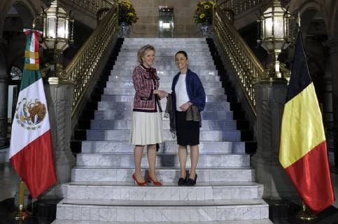 Princess Astrid of Belgium and Dr Claudia Sheinbaum Pardo, jefe de gobierno de la ciudad de Mexico pictured during a distinguished ceremony at the City Hall of Mexico, on the fourth day of a Belgian economic mission to Mexico, Wednesday 20 February 2019. Several federal and regional ministers accompany the princess on an economic mission to Mexico from 17 to 24 February.  ERICxLALMAND 05534812