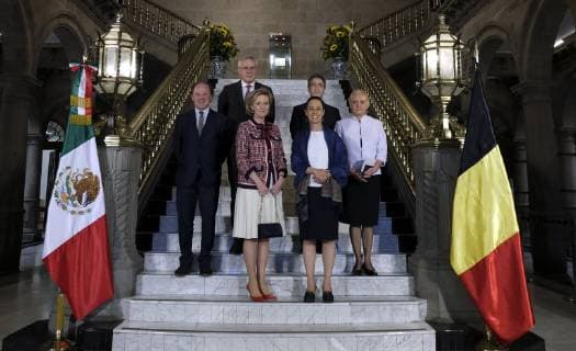 Flemish Minister of Employment, Economy, Innovation, Science Policy and Sports Philippe Muyters, Vice-Prime Minister and Minister of Employment, Economy, Consumer Affairs and equal chances Kris Peeters, Princess Astrid of Belgium and Dr Claudia Sheinbaum Pardo, jefe de gobierno de la ciudad de Mexico pictured during a distinguished ceremony at the City Hall of Mexico, on the fourth day of a Belgian economic mission to Mexico, Wednesday 20 February 2019. Several federal and regional ministers accompany the princess on an economic mission to Mexico from 17 to 24 February. ERICxLALMAND 05534816