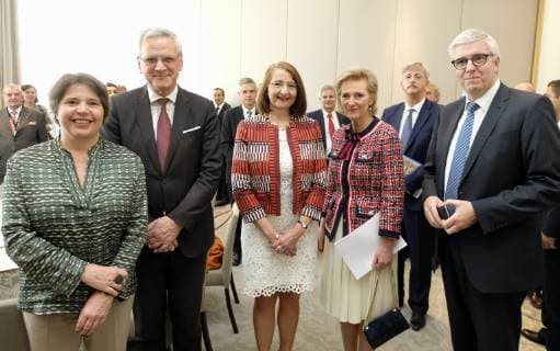 Brussels region State Secretary Cecile Jodogne , Vice-Prime Minister and Minister of Employment, Economy, Consumer Affairs and equal chances Kris Peeters, Mexico Minister of Economy Graciela Marquez Colin, Princess Astrid of Belgium and FEB - VBO CEO Pieter Timmermans pictured during a B2G lunch organised by the Federation of Enterprises in Belgium (FEB - VBO), on the fourth day of a Belgian economic mission to Mexico, Wednesday 20 February 2019. Several federal and regional ministers accompany the princess on an economic mission to Mexico from 17 to 24 February.  ERICxLALMAND 05534827