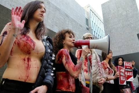 Flash mob animalist vegan hyenas in front of the entrance of the Max Mara show in via Roentgen to protest against the use of fur by the brand (Massimo Alberico, Milan - 2019-02-21) p.s. la foto e utilizzabile nel rispetto del contesto in cui e stata scattata, e senza intento diffamatorio del decoro delle persone rappresentate  Copyright: xMassimoxAlbericox xIPAx xFOTOGRAMMAx 0