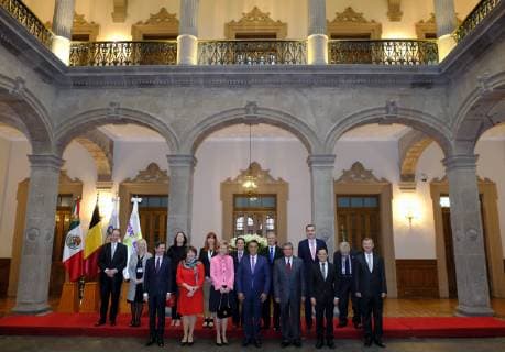 Fabienne L Hoost of Belgian Foreign Trade Agency, Ambassador of Belgium to Mexico, Antoine Evrard, Hub Brussels CEO Isabelle Grippa, Brussels region State Secretary Cecile Jodogne , AWEX CEO Pascale Delcomminette, Princess Astrid of Belgium and Jaime Rodriguez Calderon, Governor of Nuevo Leon pictured during a meeting with the governor of Nuevo Leon province, on the fifth day of a Belgian economic mission to Mexico, Thursday 21 February 2019, in Monterrey. Several federal and regional ministers accompany the princess on an economic mission to Mexico from 17 to 24 February. ERICxLALMAND 05535680