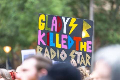 February 21, 2019 - Sydney, NSW, Australia - A protest placard against Premier of New South Wales Gladys Berejiklian at the Don t Kill Live Music Protest at Hyde Park in Sydney..Protesters gathered by more than 20,000 against new laws restricting live music and live music festival brought in by the New South Wales government and its Premier Gladys Berejiklian. Sydney Australia - ZUMAs197 20190221_zaa_s197_187 Copyright: xTobyxForagex
