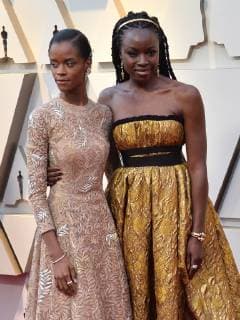 (L-R) Letitia Wright and Danai Gurira arrive on the red carpet for the 91st annual Academy Awards at the Dolby Theatre in the Hollywood section of Los Angeles on February 24, 2019.  LAP20190224212 JIMxRUYMEN