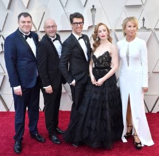 Guy Nattiv (C), Jaime Ray Newman (2nd R) and Trudie Styler (R) arrive on the red carpet for the 91st annual Academy Awards at the Dolby Theatre in the Hollywood section of Los Angeles on February 24, 2019.  LAP20190224277 JIMxRUYMEN