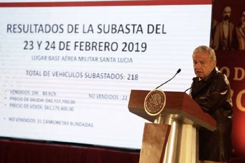 February 25, 2019 - EUM20190225NAC04.JPG .CIUDAD DE MEXICO. PresidencyPresidencia-AMLO.- 25 de febrero de 2019. El presidente Andres Manuel Lopez Obrador, durante su conferencia matutina en Palacio Nacional, dio a conocer los resultados de la subasta de la flotilla de vehiculos que pertenecian al Gobierno Federal y que se realizo este fin de semana en la base aerea de Santa Lucia. Foto: Agencia EL UNIVERSALLuis CortesEELG  - ZUMAu78_ 20190225_zaf_u78_009 Copyright: xElxUniversalx