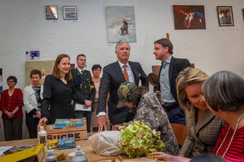Inge Vervotte, King Philippe - Filip of Belgium and Queen Mathilde of Belgium pictured during a visit of Belgian Royal couple in Antwerp province, with a social and artistic workshop called De Loods for persons psychologically vulnerable, in Duffel, Tuesday 26 February 2019.  LUCxCLAESSEN 05538537