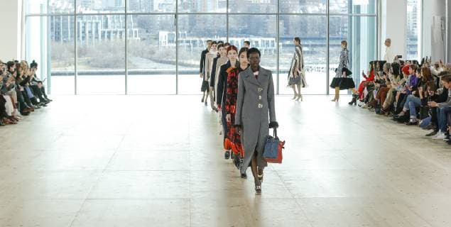 USA: Tory Birch Fall Winter 2019 Adut Akech leads models on runway for Tory Burch collection during Fall Winter 2019 Fashion Week at Pier 17 New York New York United States Pier 17  LevxRadin