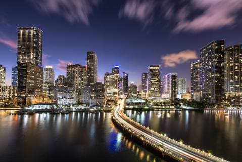 Bridge leading to Brickell Key and Downtown Miami skyline at night, Florida, United States of America, North America Copyright: EdxRhodes 1306-67