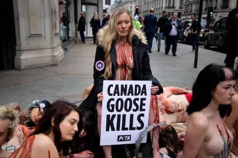 March 1, 2019 - London, London, UK - London, UK. PETA (People for the Ethical Treatment of Animals) supporters demonstrate outside Canada Goose Regent Street store by covering themselves in fake blood and lying on coats similar to those made by Canada Goose. PETA want to put pressure on the clothing company, as PETA claim the fur used in their coats is sourced in a cruel manner. World Wildlife Day takes place on 3 March. London UK  - ZUMAl94_ 20190301_zaf_l94_013 Copyright: xTomxNicholsonx