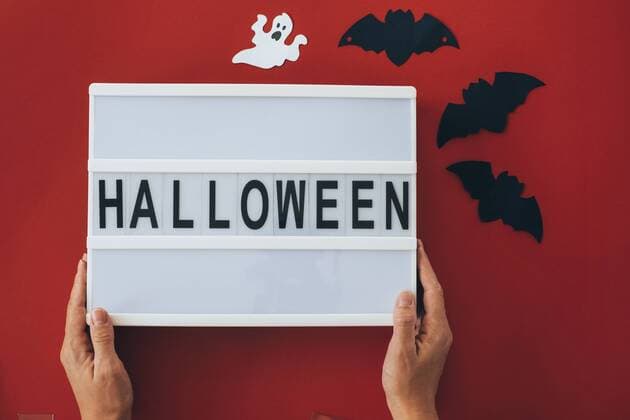 Woman s hands holding Halloween sign model released Symbolfoto  MOMF00531