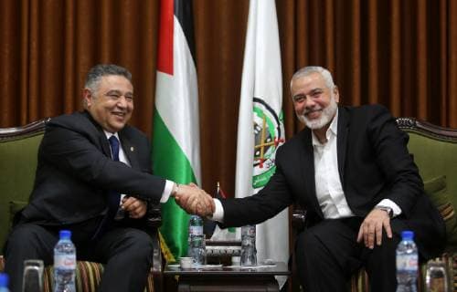 March 5, 2019 - Gaza City, Gaza Strip, Palestinian Territory - Palestinian Hamas chief in the Gaza strip Ismail Haniyeh meets with the commissioner of Egyptian intelligence Amr Hanafi, in Gaza city on March 05, 2019. The leader of Gaza s ruling Hamas movement says Egypt is launching a new round of mediation to secure a cease-fire between the militant group and Israel Gaza City Palestinian Territory - ZUMAap3_ 20190305_zaf_ap3_044 Copyright: xAshrafxAmrax