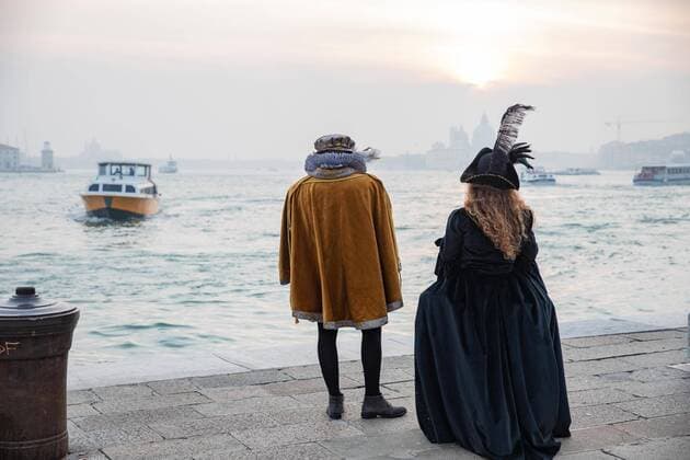 Revellers wearing a period costume take part in the Venice Carnival in Venice, Italy, on March 2, 2019  Copyright: xChristophexMorinx