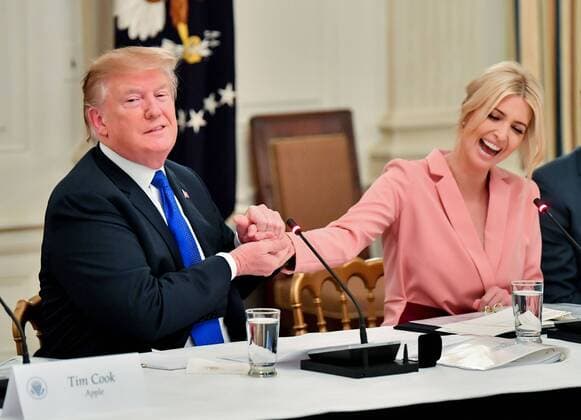 Donald Trump, 75. Geburtstag am 14. Juni News Themen der Woche KW10 President Donald Trump holds his daughter Ivanka Trumps hand as he thanks her during an American Workforce Policy Advisory Board Meeting at the White House in Washington, D.C. on March 6, 2019.  WAP20190306328 KEVINxDIETSCH