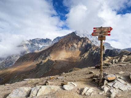 Italy, Ortler Alps, sign post, Gran Zebru in the background  LAF02130